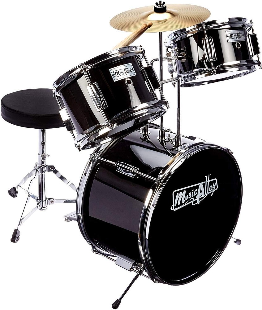 Kid-Friendly 3 Piece Drum Set with Sticks & Adjustable Throne - Metallic Black