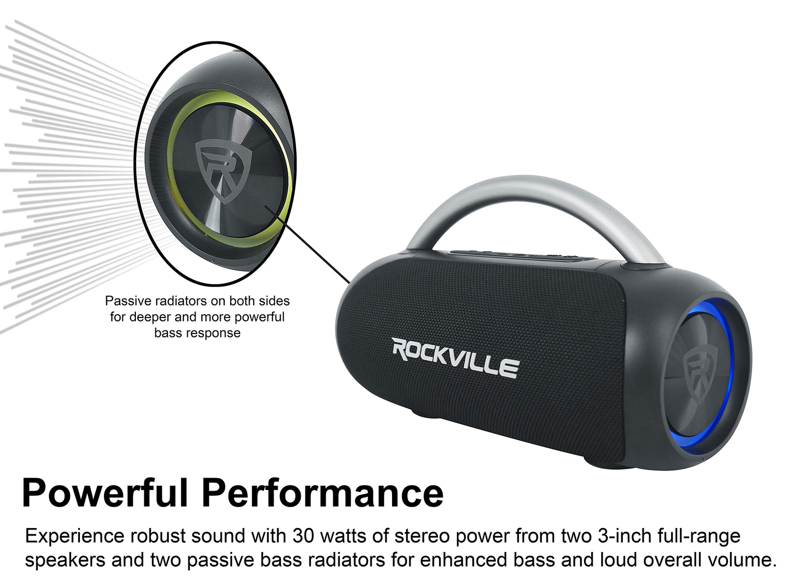 Rockville RPB-D3 Loud Water Resistant Portable Bluetooth Speaker Party Boombox
