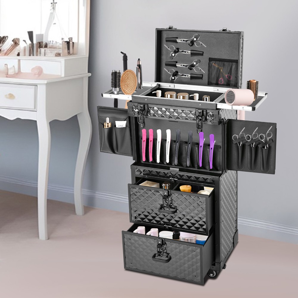 Rolling Hairdressing Case Rolling Cosmetic Case Makeup Train Case w/ 4 Layers