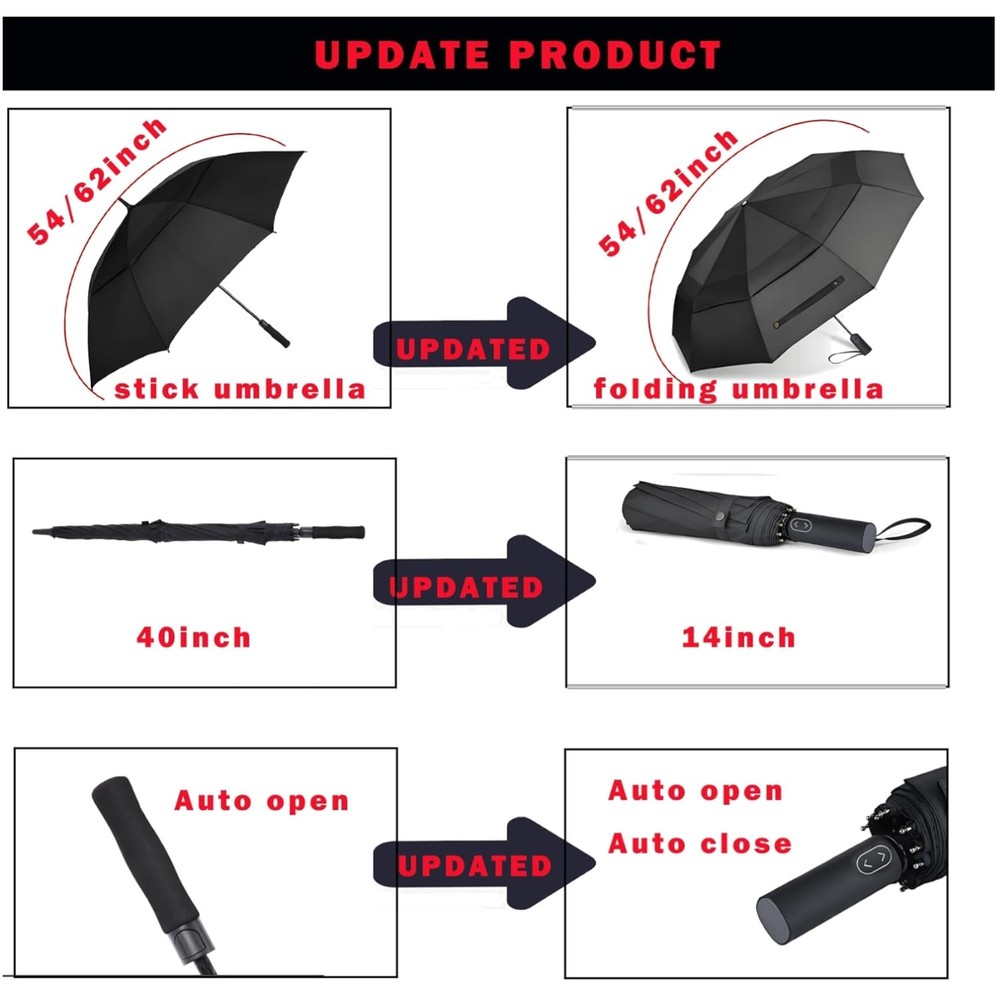 62" Folding Golf Umbrella - Compact, Windproof, Travel Size