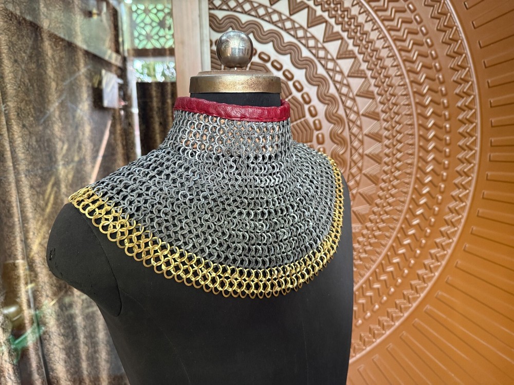 Mild Steel Chainmail Neck Protector – 8mm Dome Riveted Armor with Brass Edge