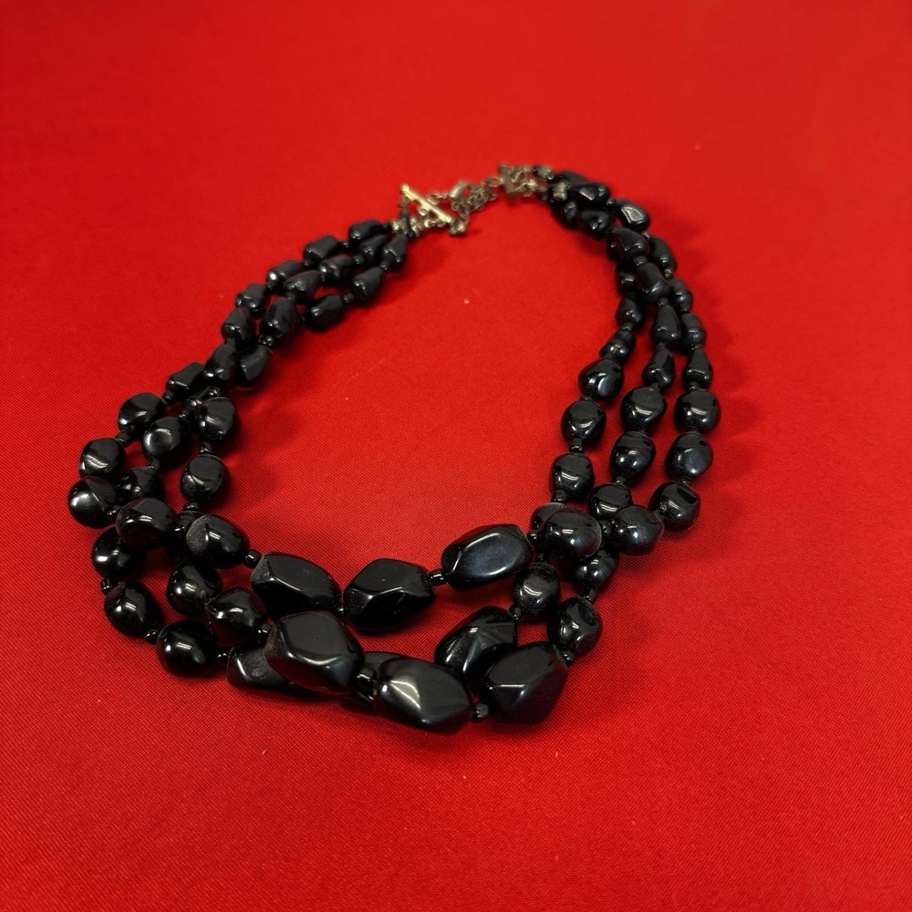 Three Strand Vintage Black Bead Necklace