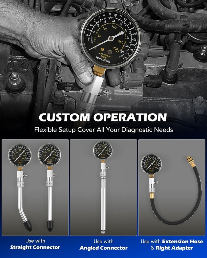 Complete Cylinder Compression Tester Set - Spark Plug Tester & Precision Gauge