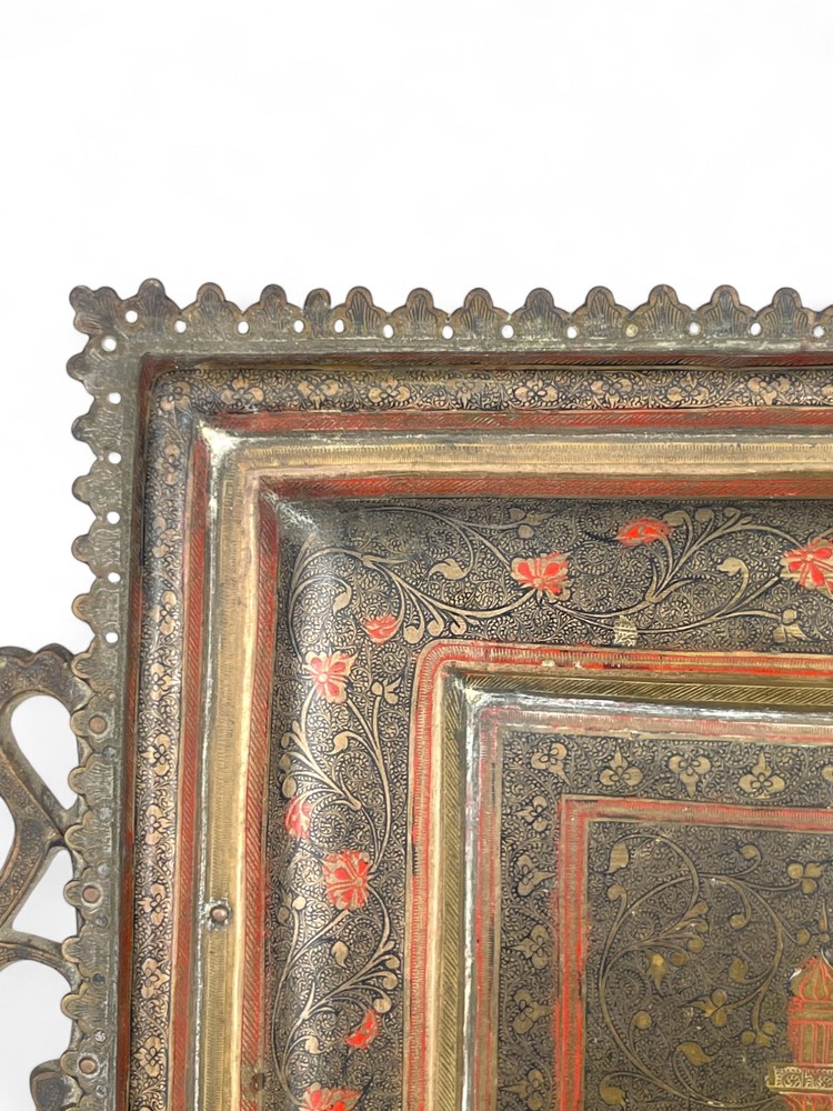 A Middle Eastern Handmade Hand Hammered Cold Enameled Tray