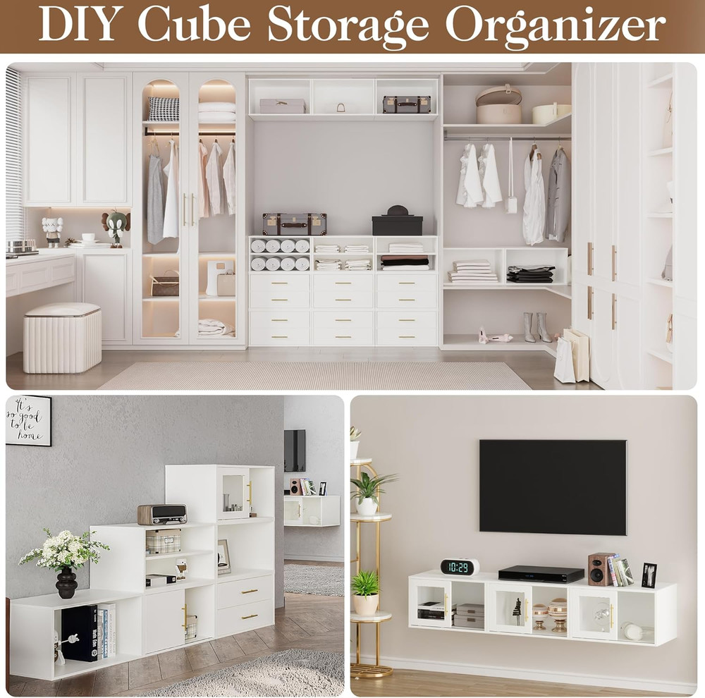 White Nightstand with Sliding Door, 2 Pcs Stackable Cubby Storage Organizers, Wo