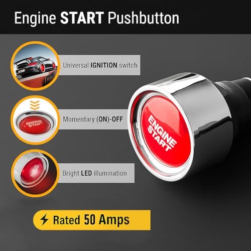 Engine Start Push Button Switch with LED – 12V Momentary Starter Button, 50A