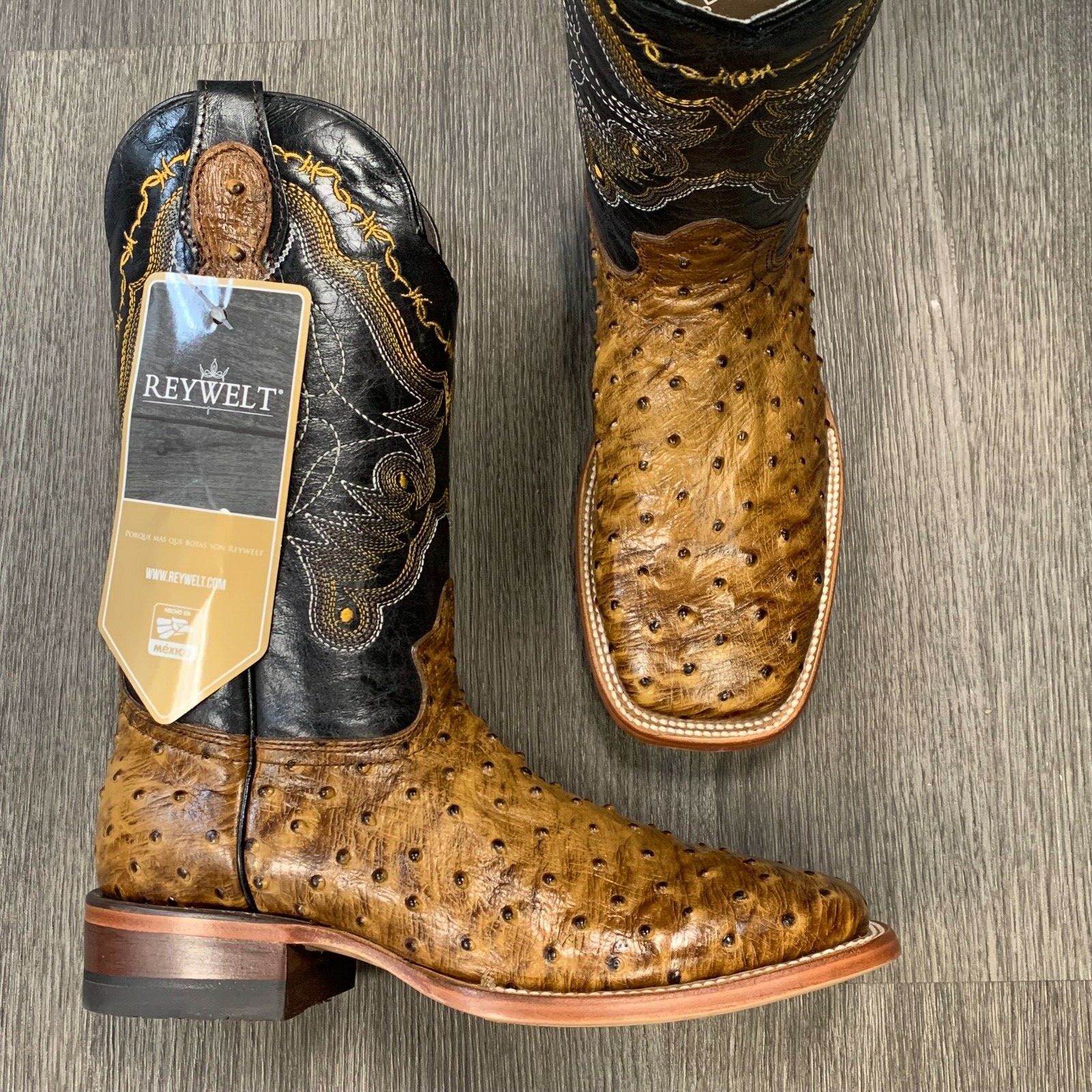 Men's Ostrich Quill Leather Western Cowboy Boots Square Toe