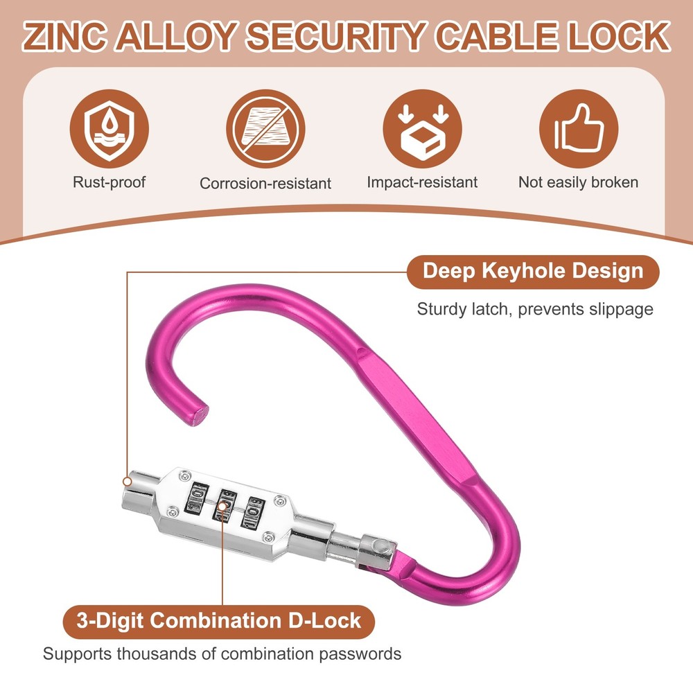 3.8" x 1.8" D-Shaped 3-Digit Code Combination Lock D-Ring Clip Locking, Pink