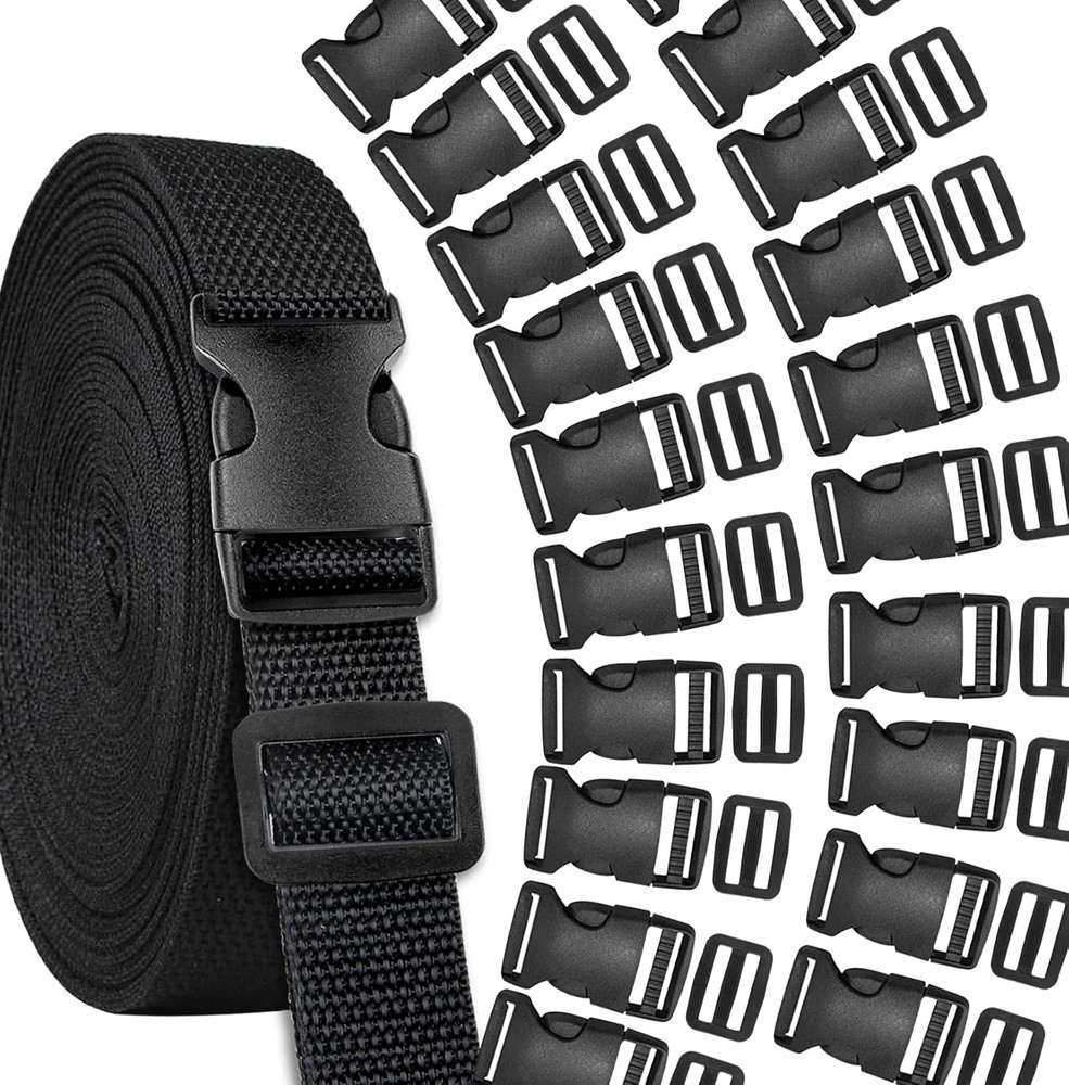 Buckles Strap Set, 10 Yards 1 Inch Nylon Webbing Strap with 20 Set Side Release