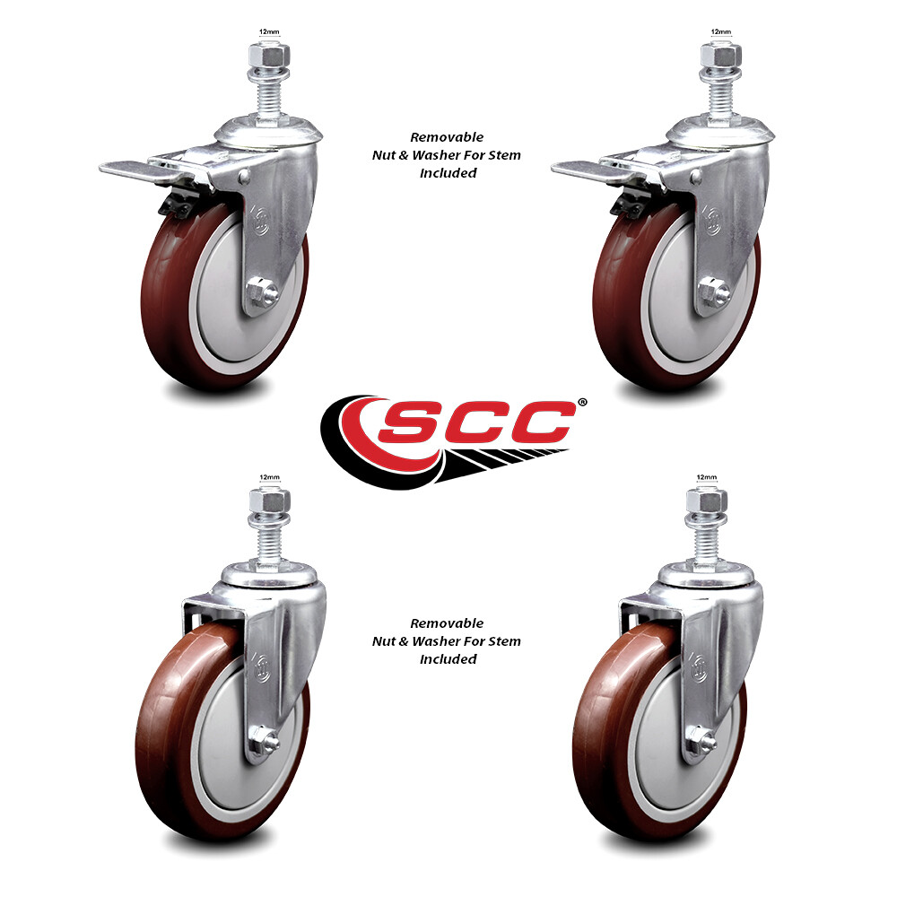 5 Inch SS Maroon Poly 12mm Threaded Stem Caster Set 2 Total Lock Brake SCC