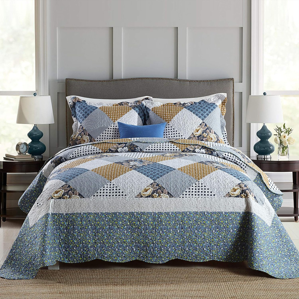 3-Piece King Bedspread Quilt Sets Patchwork Floral Oversized Reversible Soft Qui