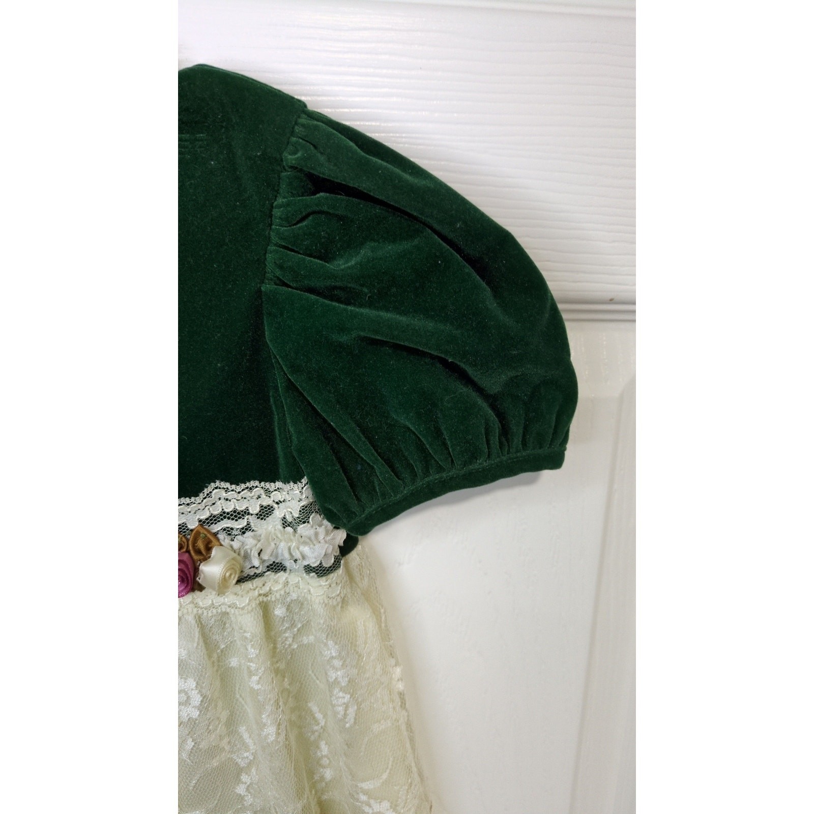 Vintage Retro Paper Tag Green Cream Lace Bow Velvour Short Sleeve Dress 4T