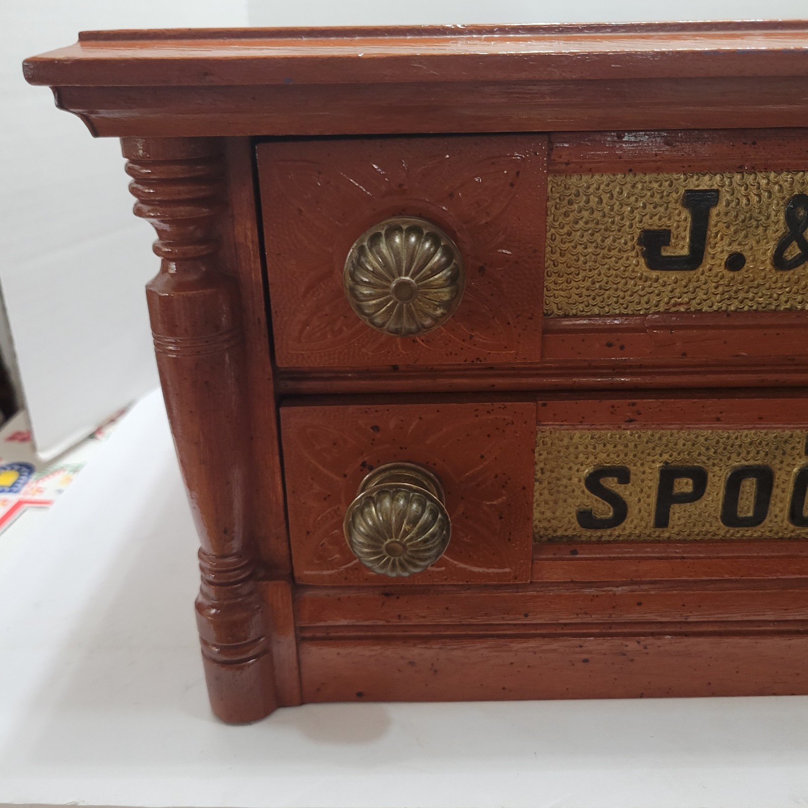 Antique J & P Coats 2 Draw Wood Spool Cotton Cabinet Counter Top Store Display