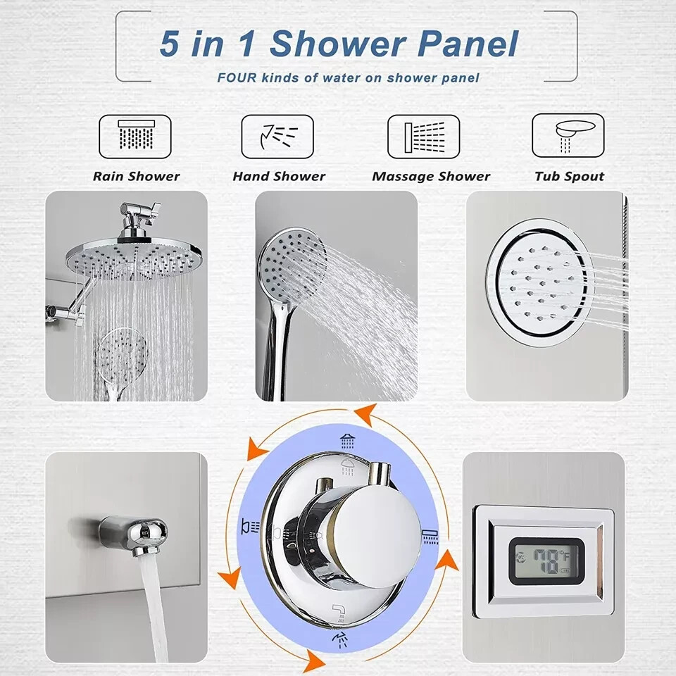 Shower Panel Tower System 8''Adjustable Rainfall Shower Head & Massage Body Jet