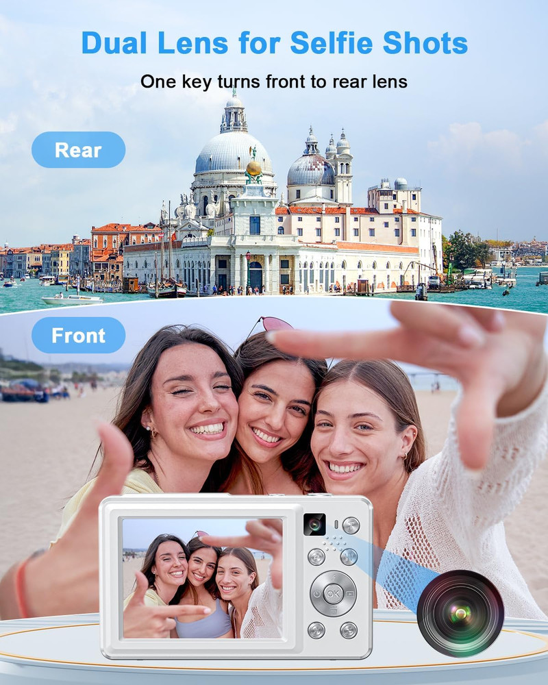 4K Digital Camera, 64MP Autofocus Point and Shoot Camera with Front & Rear Camer