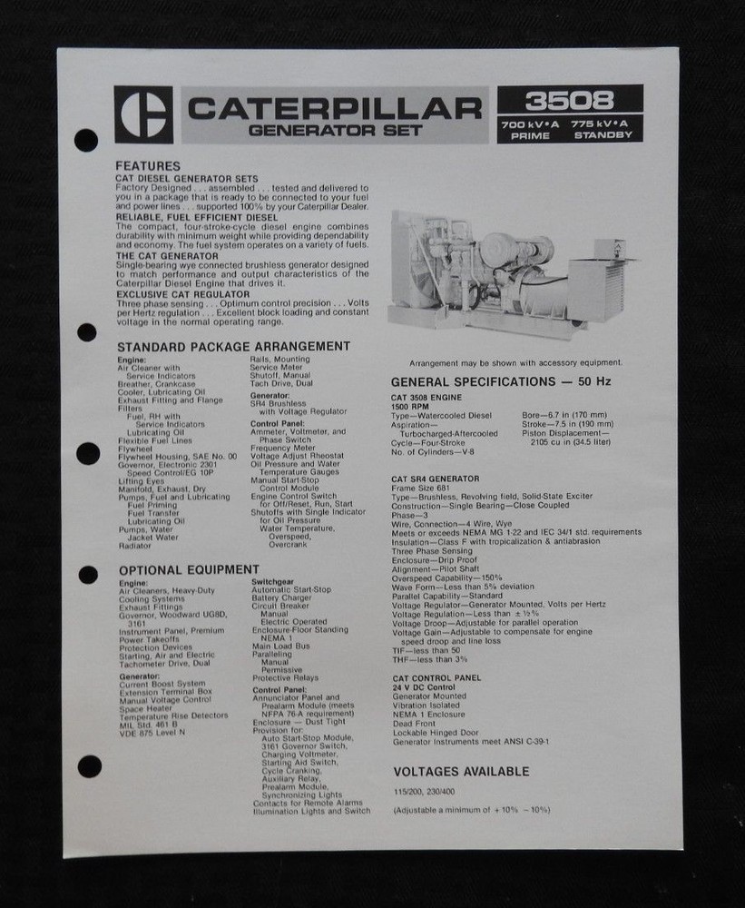 1985 CATERPILLAR "3508 DIESEL ENGINE GENERATOR SET" SPECIFICATIONS BROCHURE NICE