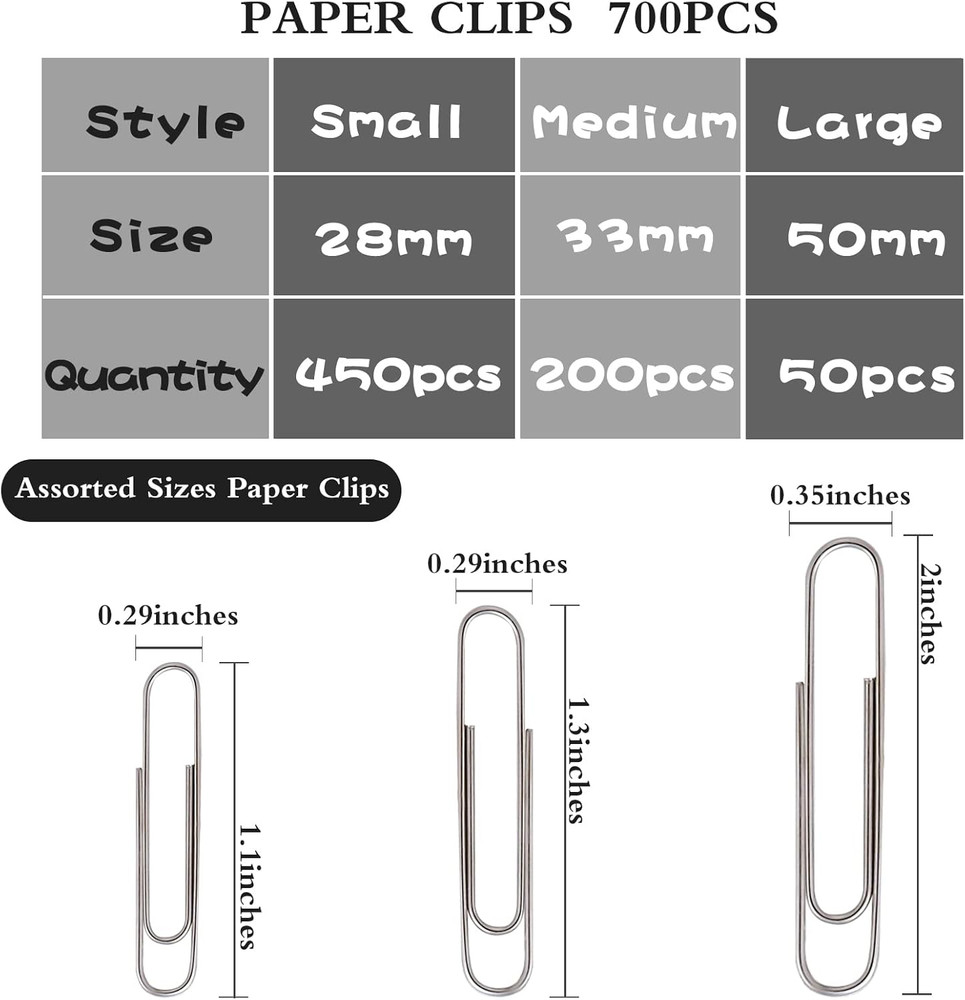 Assorted Large Paper Clips - 700 Pieces in Various Sizes