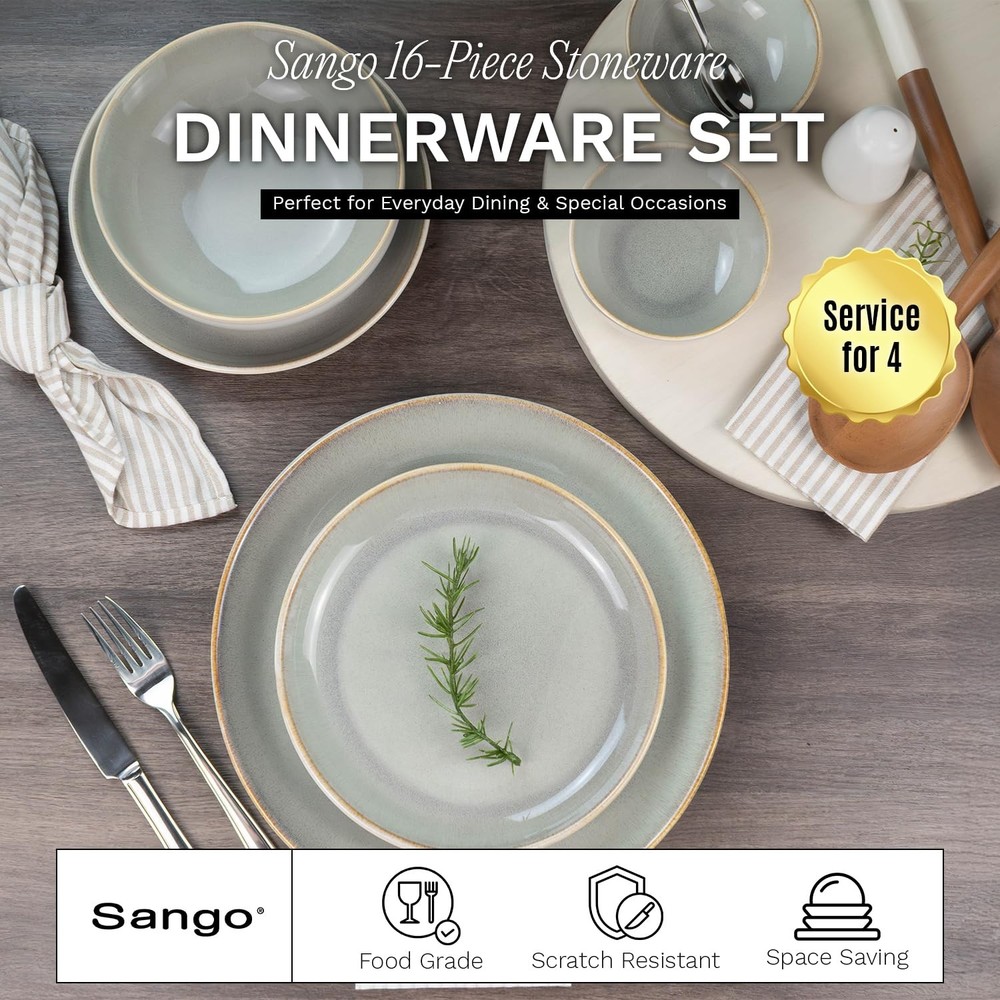 Sango 16-Piece Stoneware Dinnerware Set for 4, Set, Green/Cream