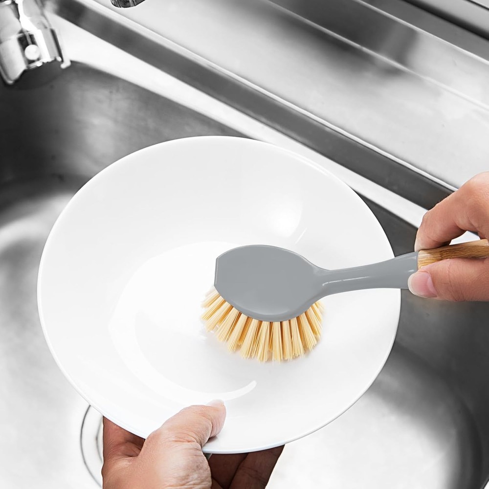 2 Pack Kitchen Dish Brushes with Bamboo Handle, Dish Scrubber Built-in Scraper,