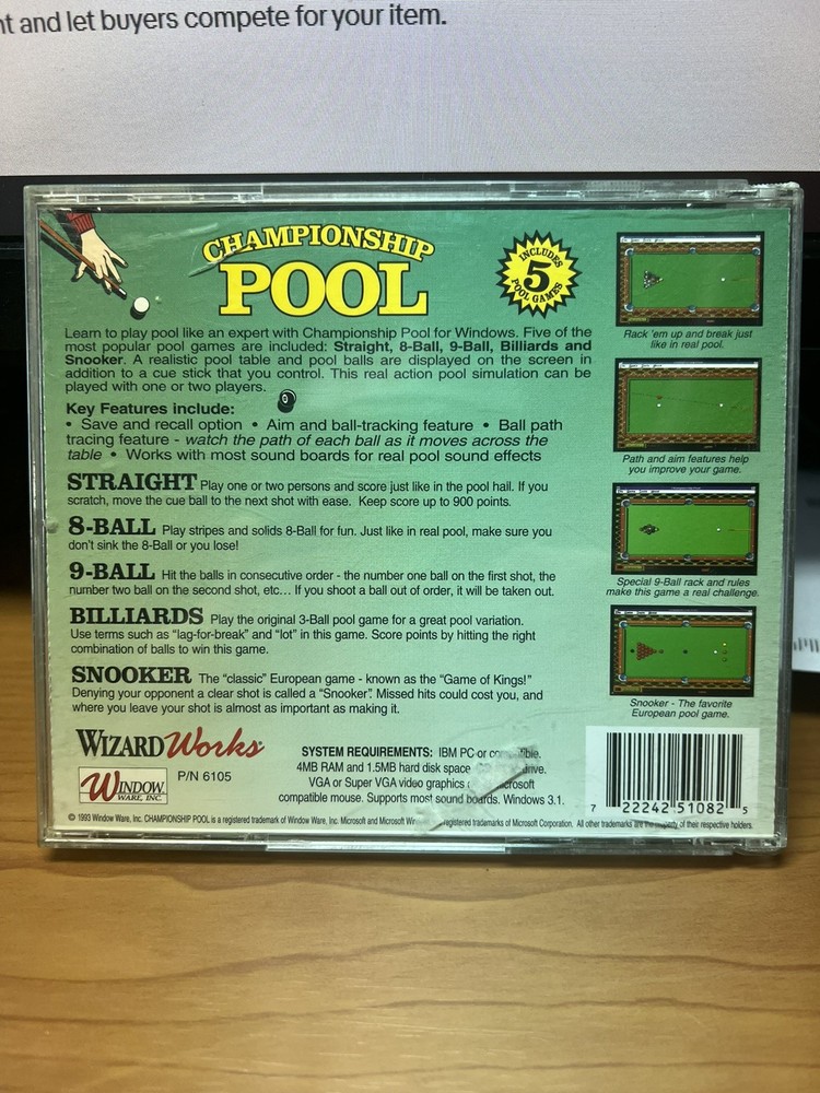 Championship Pool Wizard Works Windows PC CD-ROM 1993