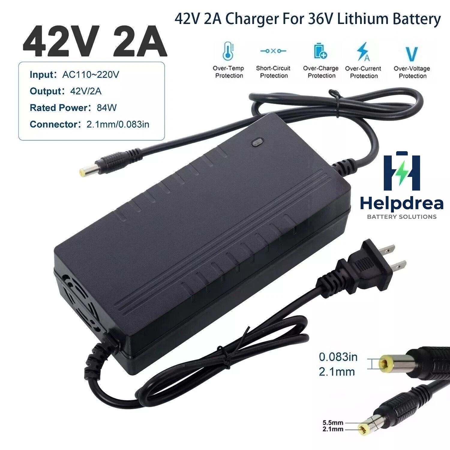 42V 2A Charger DC 5.5x2.1mm Plug 36V Electric Bike Lithium Battery Fast Charging