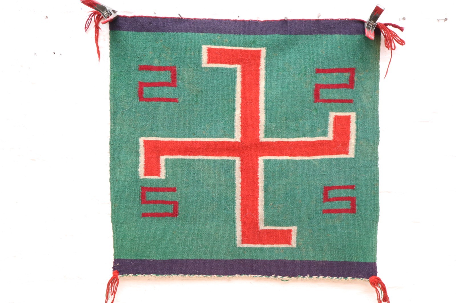 Antique Navajo Germantown Weaving Rug Pictorial Textile 23x22" VTG Whirling LOG