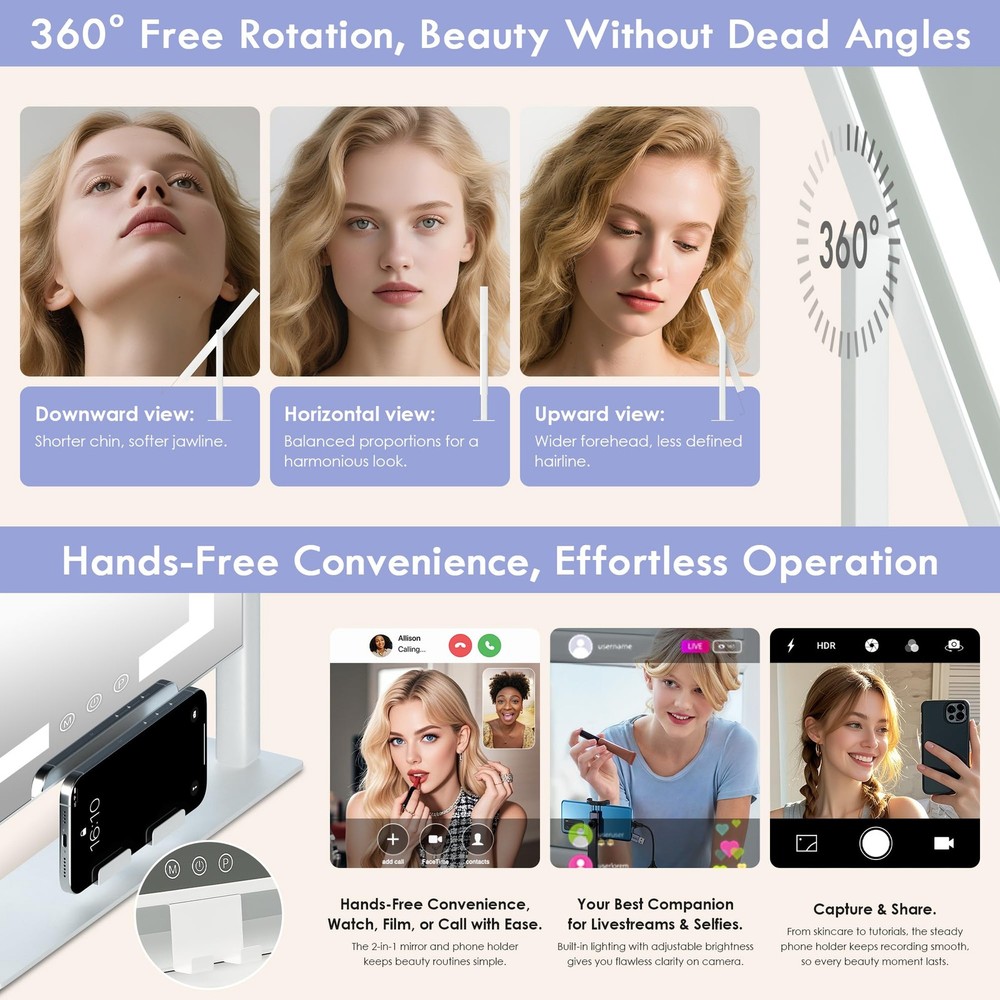 Makeup Mirror With Lights 360 Rotatable 15X Spot Mirror Touch Sensor AC Power