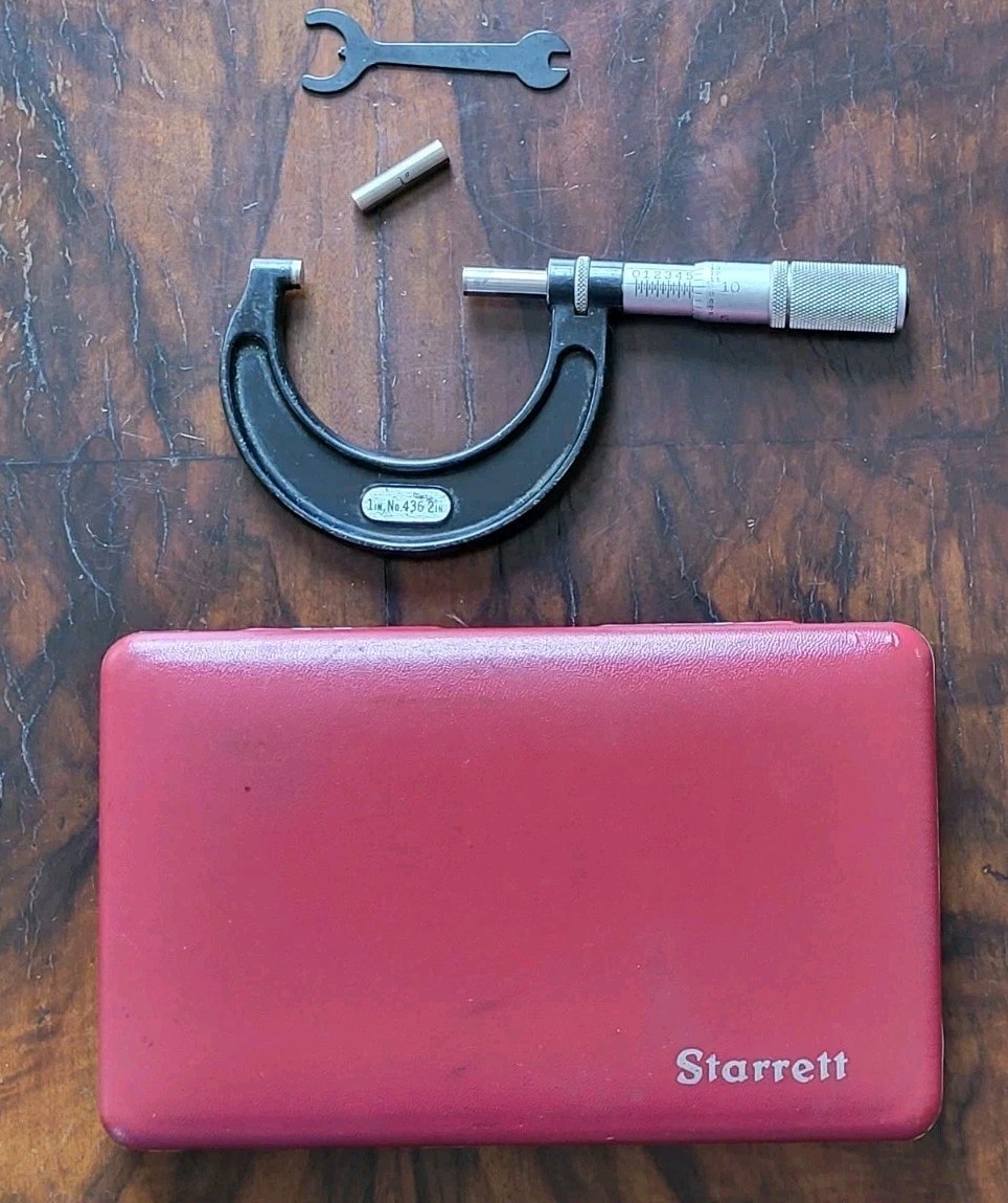 Starrett No. 436 1-2” Outside Micrometer w/Locking, 1" Standard, Wrench & Case