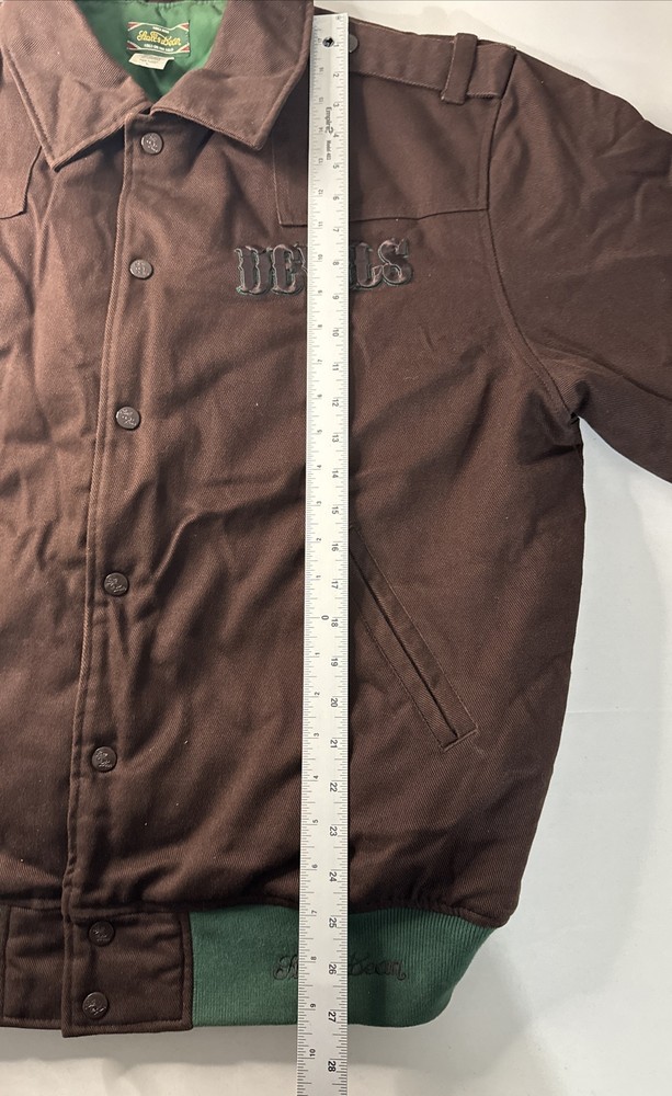 Stall & Dean Devils Soccer Brown & Green Quilt Lined Varsity Jacket Size Large