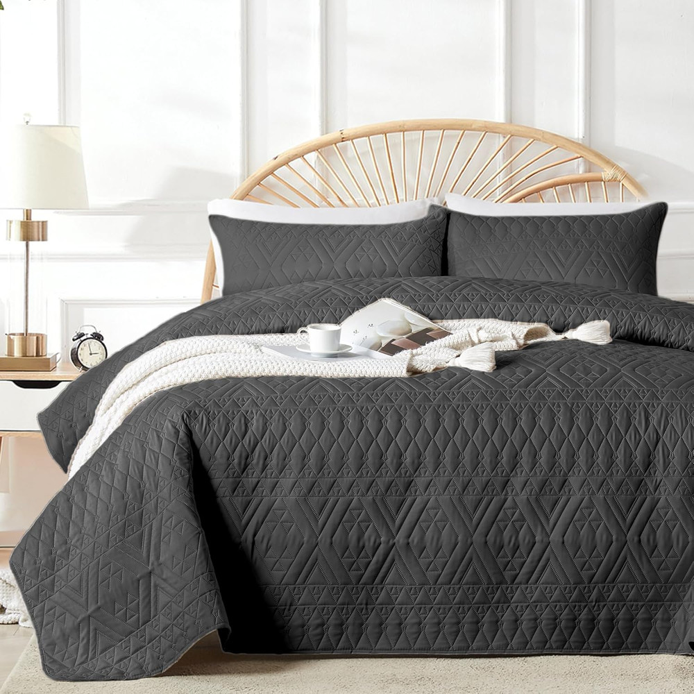 Full/Queen Size Quilt Bedding Set,Black Lightweight Microfiber Soft Bedspread,Mo