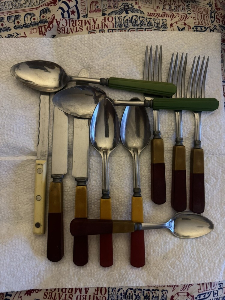 Vintage Butterscotch Red Two Tone Bakelite Handle Flatware 11 Piece