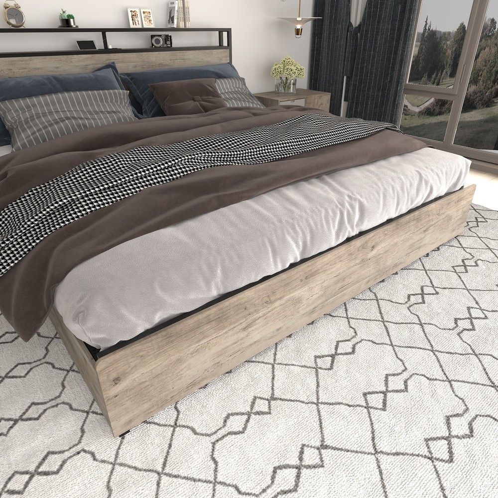 Full Bed Frame, Storage Headboard with Charging Station, Solid and Stable,