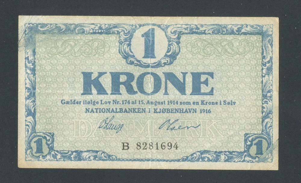 DENMARK  1 Krone  1916 VF+    Serial prefix   B