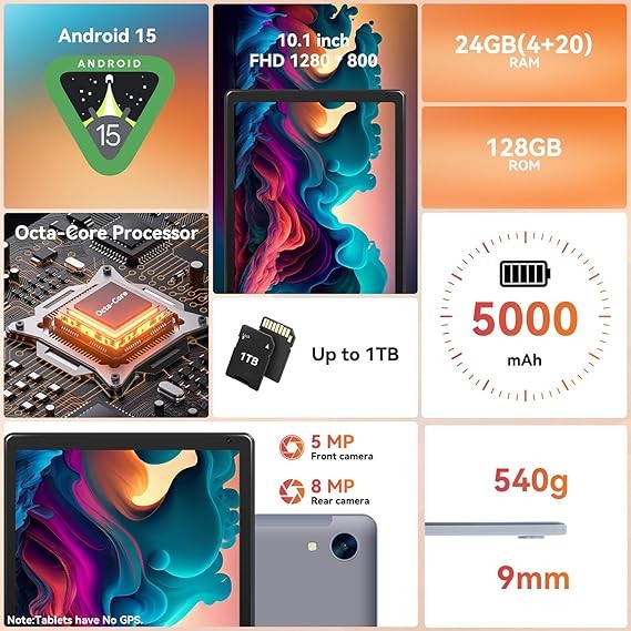 Anmesc 10.1"Android 15 Tablets HD Touchscreen Octa-Core 24GB+128GB Dual Camera