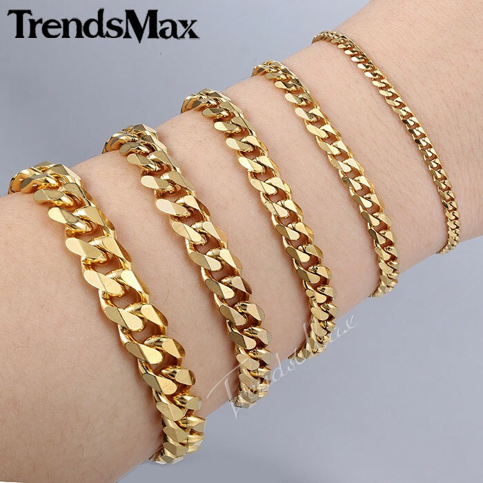 3/5/7/9/11mm 14K Gold Plated Stainless Steel Curb Cuban Chain Bracelet Men 7-11"