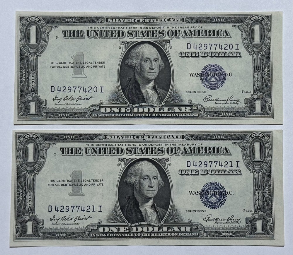 1935-E $1 Dollar Bill Silver Certificate Note 2 Pc Sequential 420I