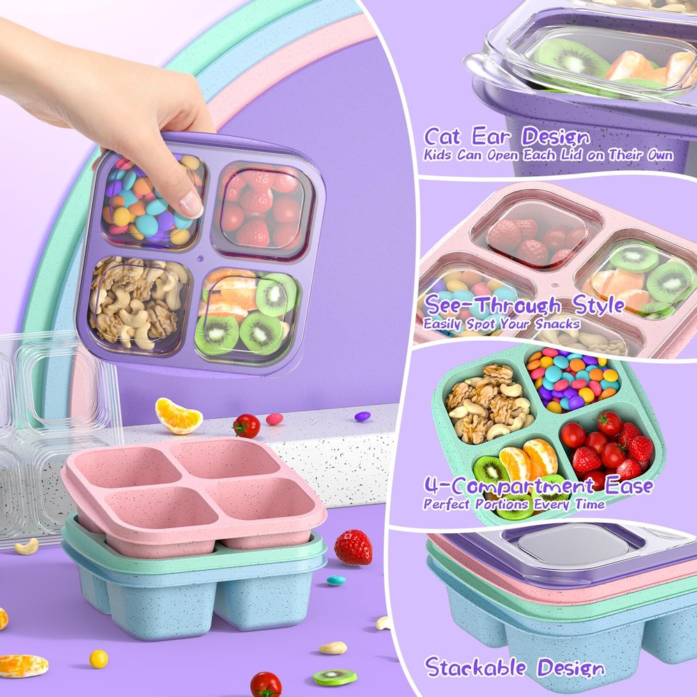 Bento Snack Containers4 Pack 4compartment Meal Prep Containers Reusable Snackl