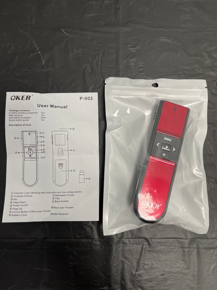 KER 2.4 GHz Wireless Presenter P-002 - Red Laser Pointer, USB Receiver, NEW