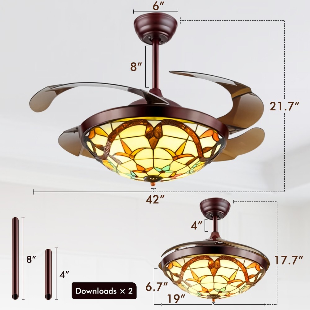42" remote control fan pendant light with LED light strips in three tones