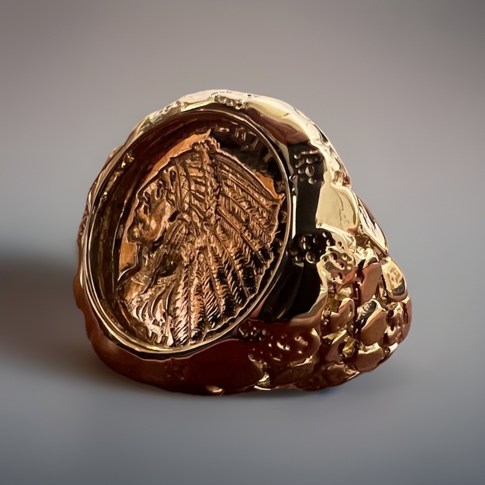 14k Yellow Gold Nugget Ring & 21.6 K Indian Head Coin Approximately 16-17 Grams!