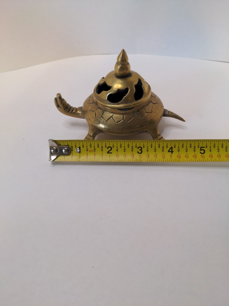 Vintage Small Heavy Solid Brass Engraved Turtle Incense Burner With Lid