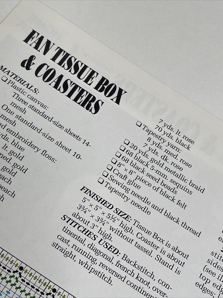 Annie's Attic Fan Tissue Box & Coasters Plastic Canvas Pattern Page