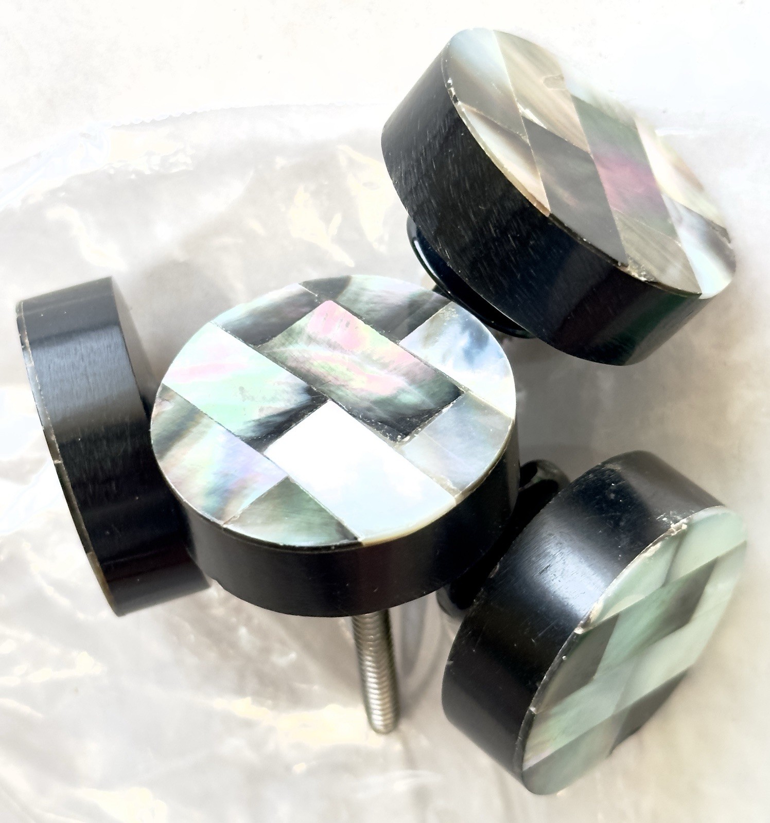 Vtg MOP Pull Handles Set/4 Mother of Pearl Black Round Drawer Knobs Long Screws