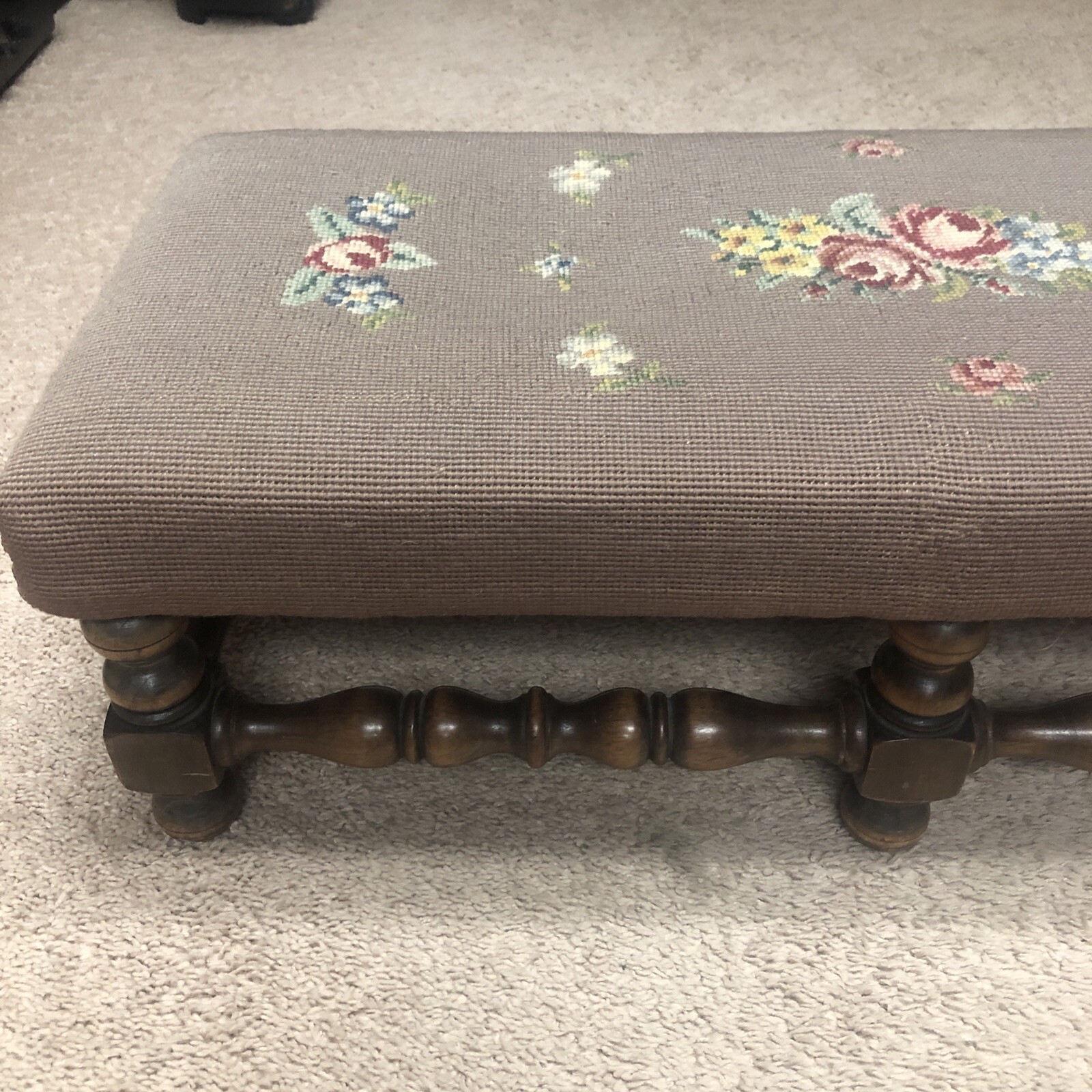 Antique Wood KITTENGER Footstool Ottoman Embroidered Needlepoint Flowers Rare
