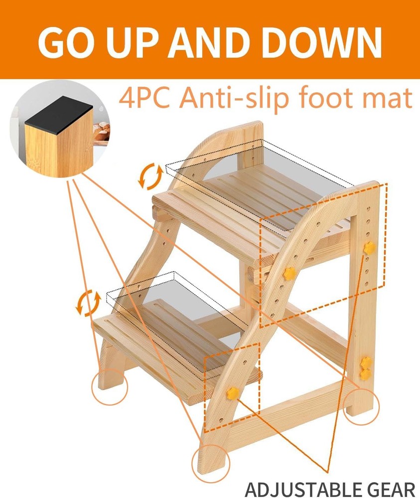 AIMOADO Wooden Two Step Stool for Kids - Adjustable Height & Non-Slip