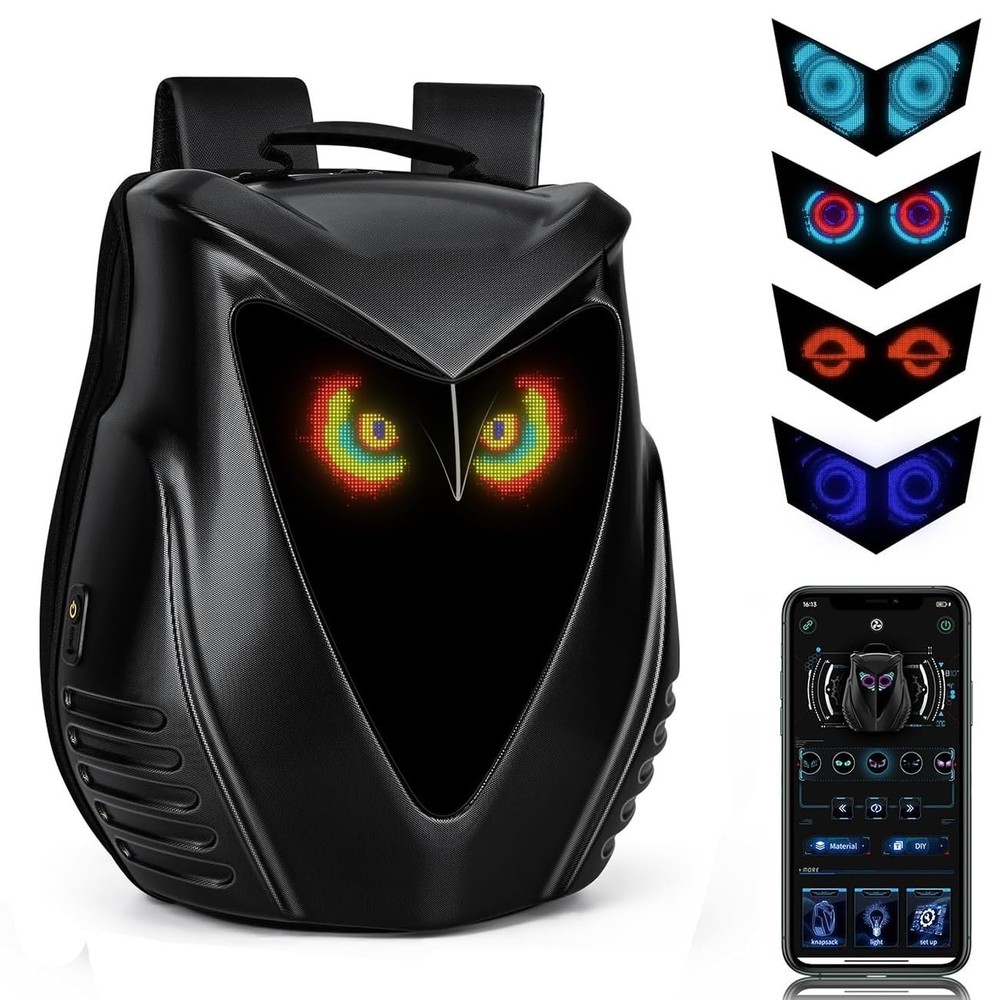 Expandable 22L LED Motorcycle Backpack with Hardshell, APP-Controlled Owl Eyes,