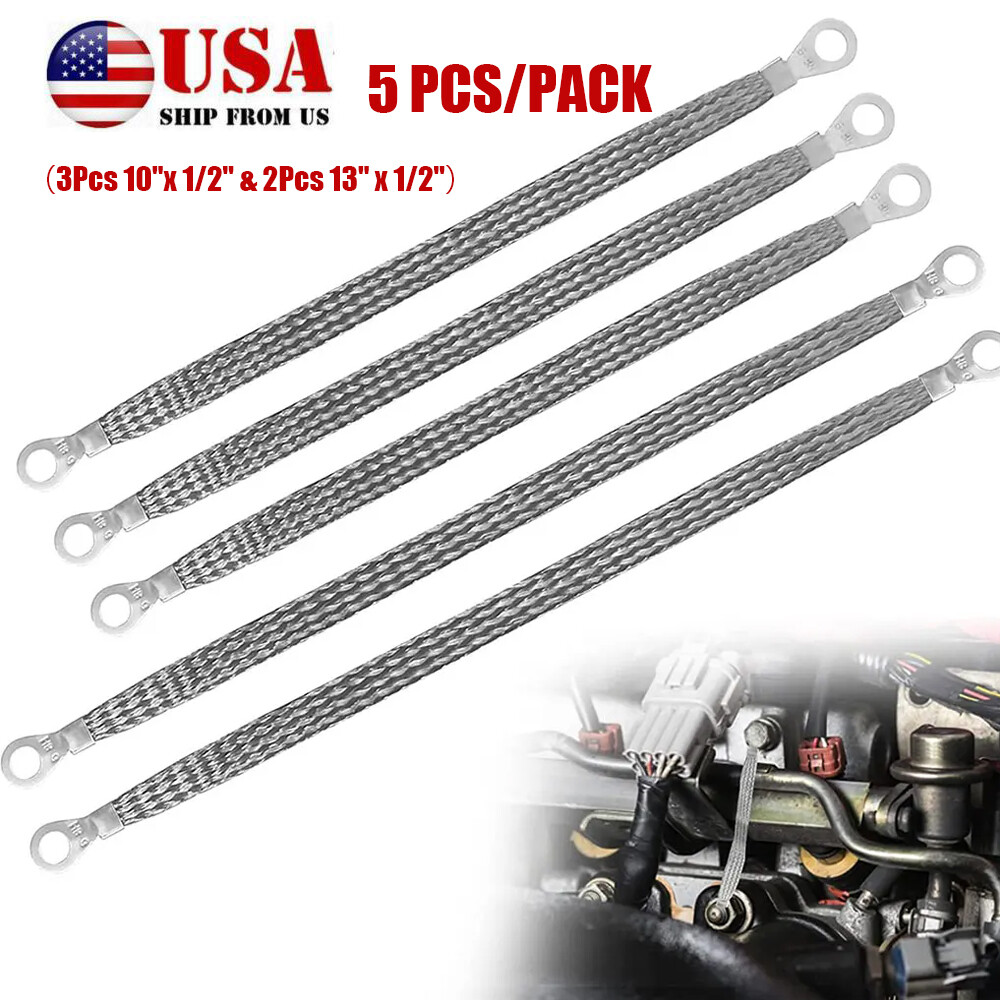 5× Braid Ground Strap Car Engine Ground Strap Cable Firewall Hood Wire End Ktis