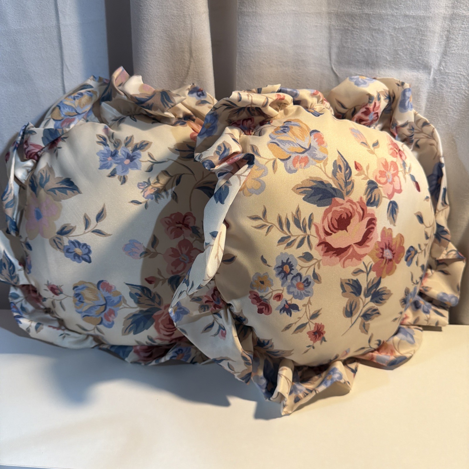 Pair Of Vintage Round Pillows Cream With Garden Rose Print Ruffle Circle Pillow