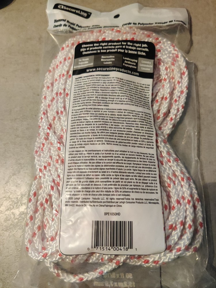 Secureline bylehigh diamond braid polyester 50ftx5/16in rope