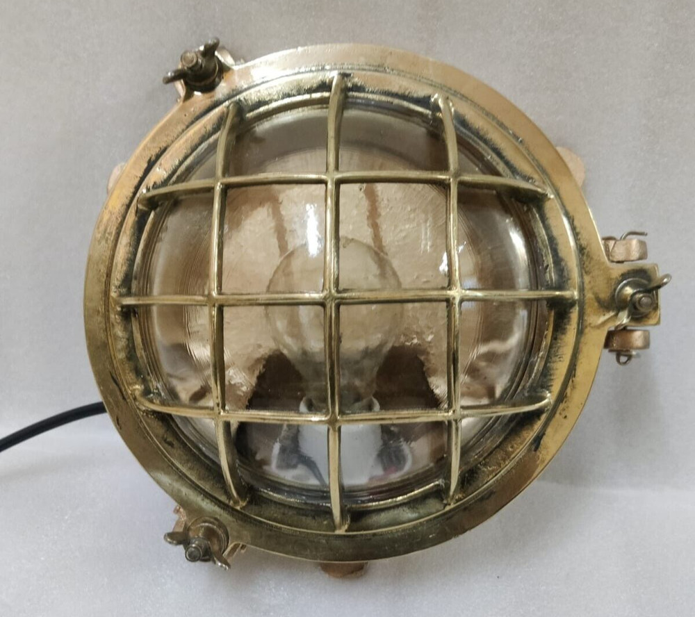 Vintage original Brass Cage&Iron Base Bulkhead passageway Light 2PC.